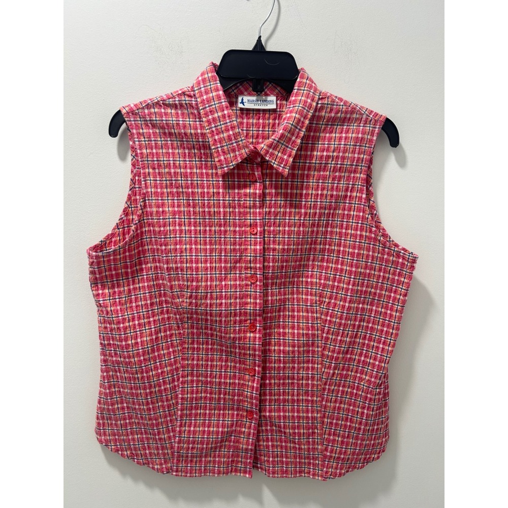 Marsh Landing Pink Orange Plaid Sleeveless Button Down Shirt XL Stretch